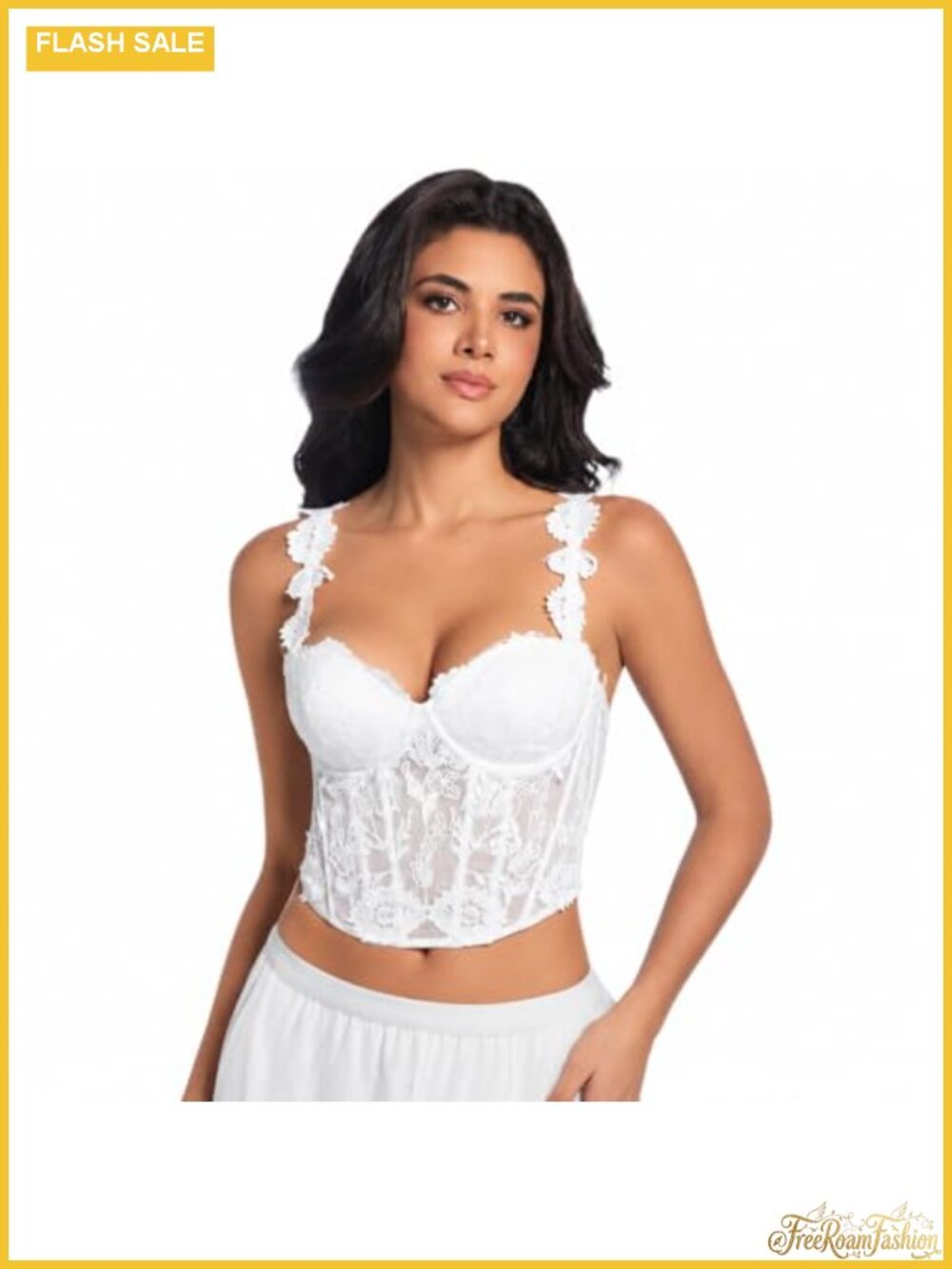 Floral Lace Mesh Corset Top with 3D Applique Adjustable Straps Bustier